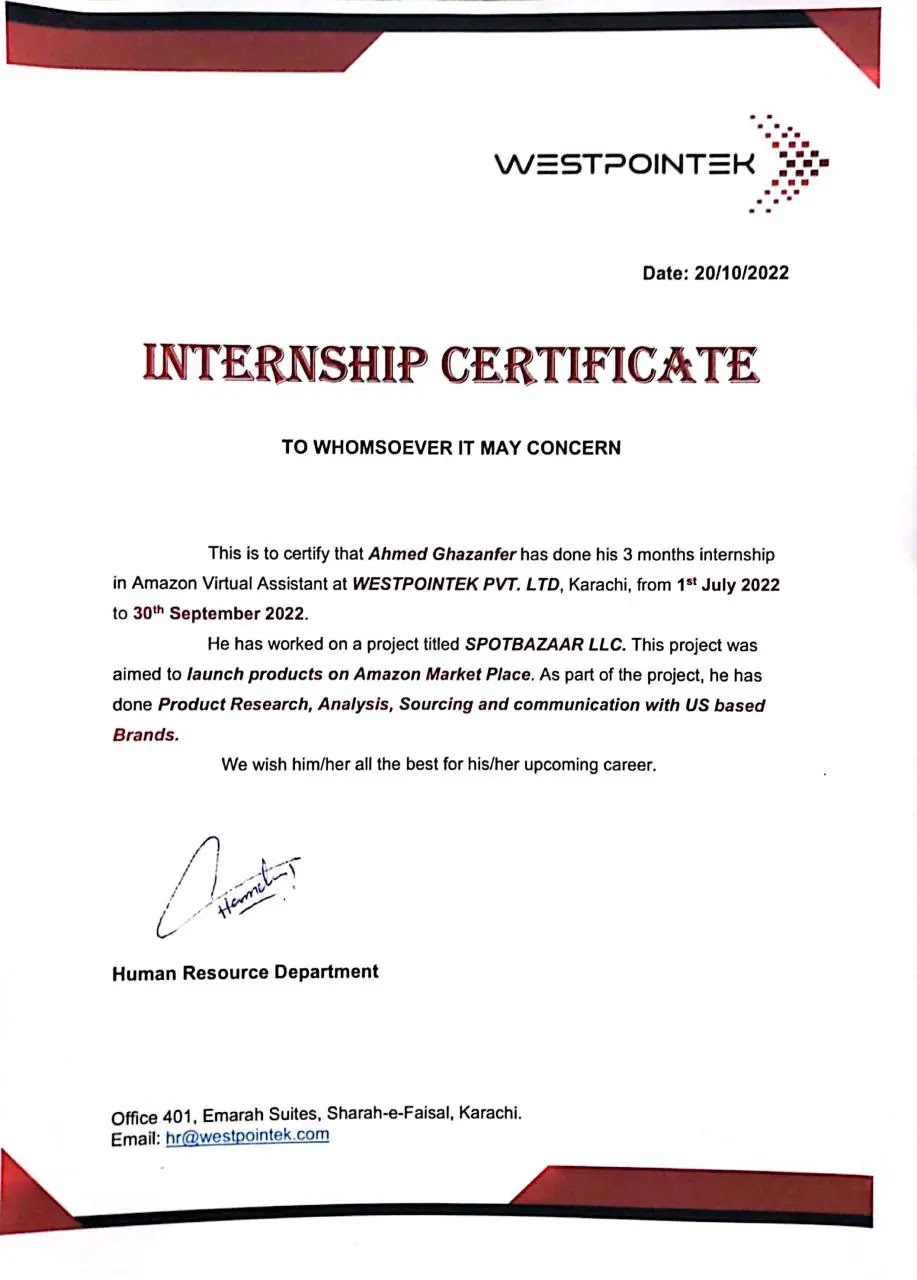Westpointek Internship Certificate